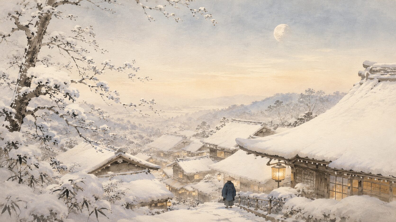 吉野の白雪が有明の月の光に見える冬の朝を描いた和風イラスト