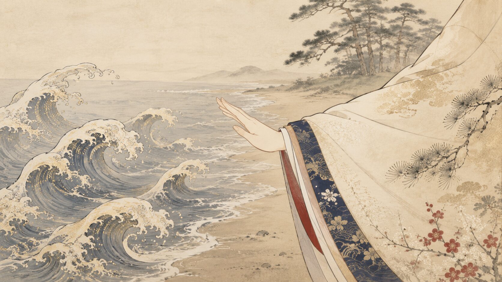 高師の浜のあだ波と濡れそうな袖で恋の拒絶を表した和風イラスト