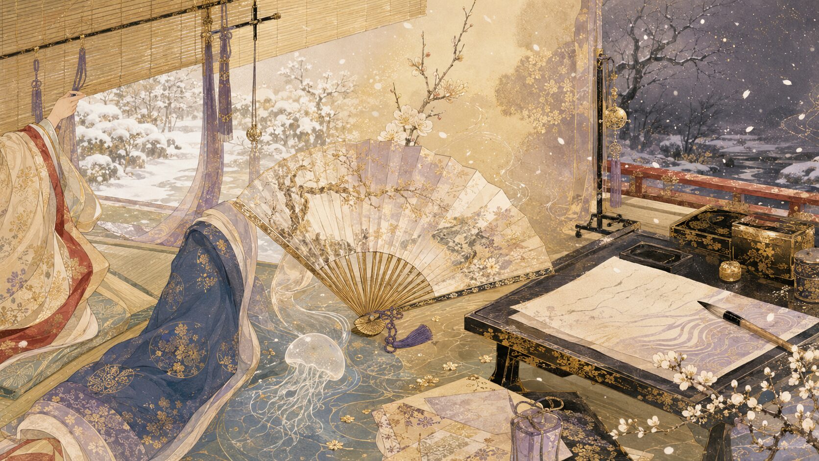 『香炉峰の雪』『中納言参りたまひて』『二月つごもりごろに』を絵巻風に表した和風イラスト