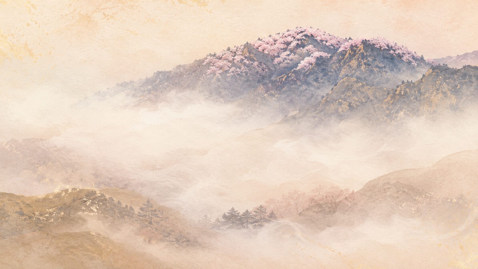 外山の霞が尾上の桜を隠しそうな百人一首73番の春景色イラスト