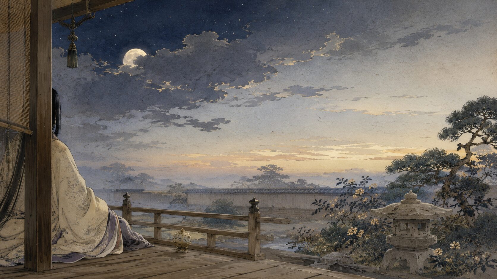 まだ宵のような夏の夜が明け雲に月が宿る情景を描いた和風イラスト