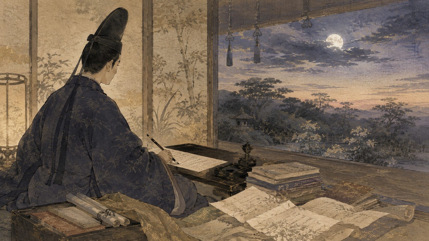 清原深養父が夏の夜明けと月の行方を和歌に詠む百人一首36番の背景イラスト