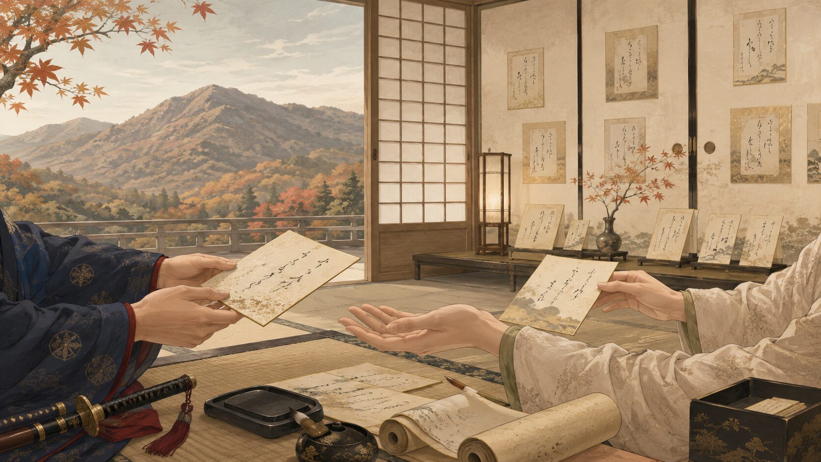 小倉山の山荘と色紙和歌から小倉百人一首の成立を描いた和風イラスト