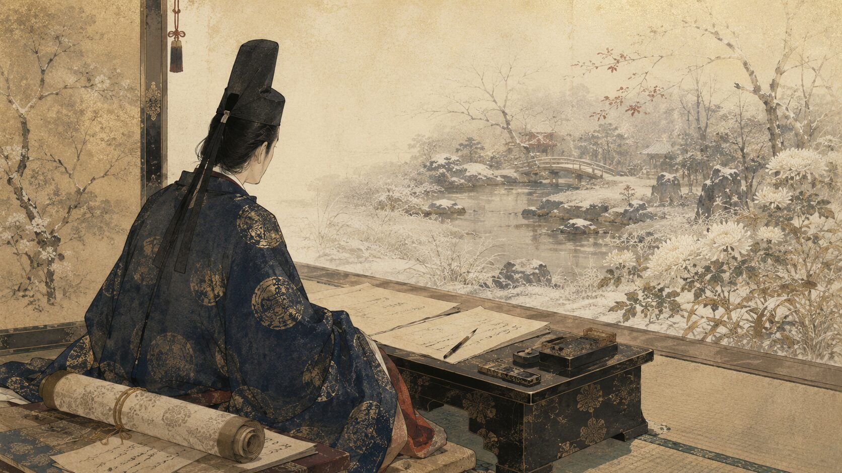 凡河内躬恒が初霜と白菊の情景を和歌に詠む百人一首29番の背景イラスト