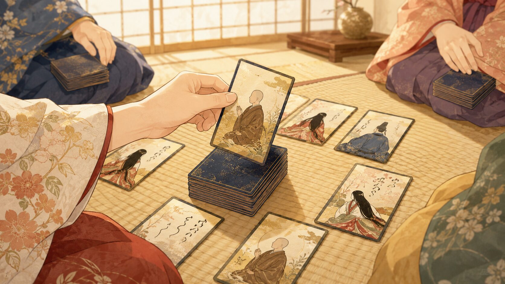 百人一首の坊主めくりで絵札をめくって遊ぶ和風イラスト