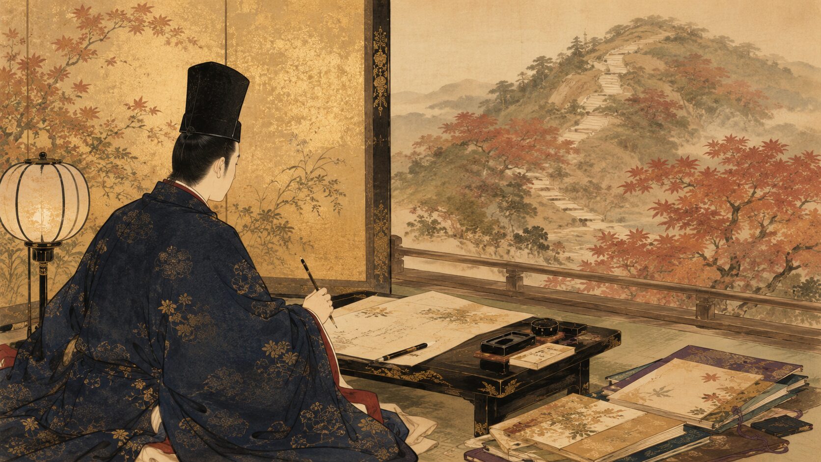 藤原忠平が平安宮廷で小倉山の紅葉を和歌に詠む背景イラスト
