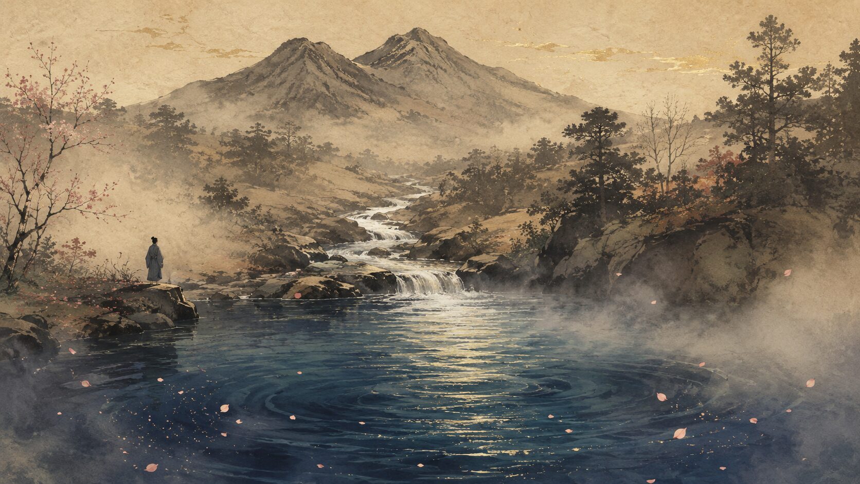 筑波山から流れる川が深い淵となり恋心の深まりを表す和風イラスト