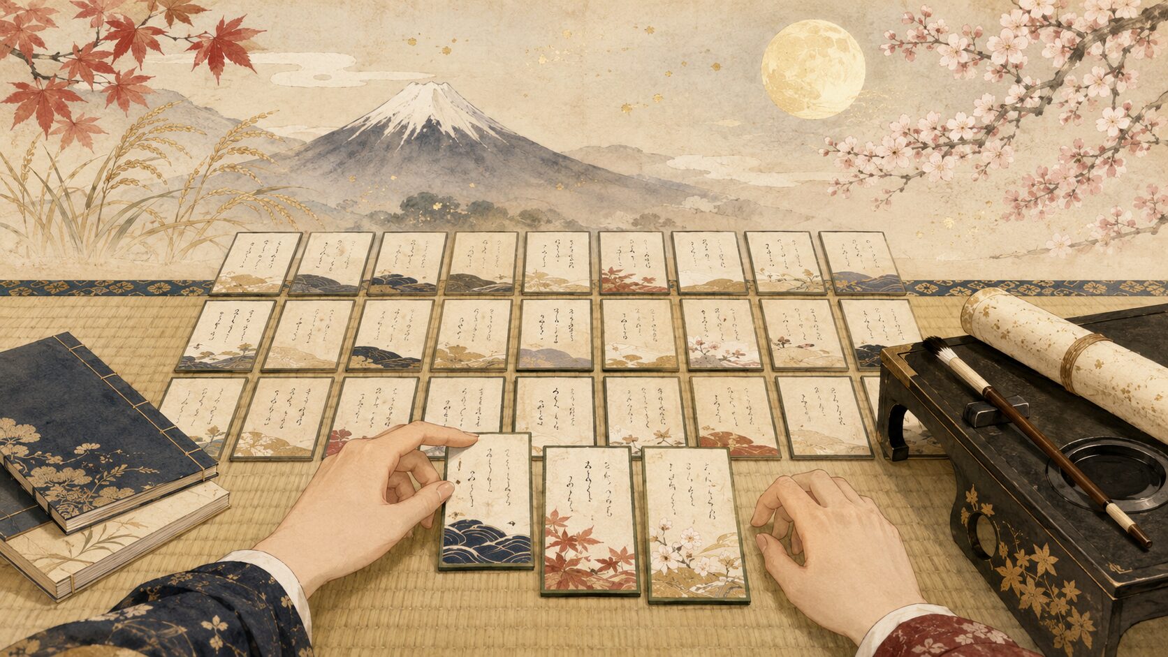 初心者が百人一首の有名な歌を札から選ぶ和風イラスト