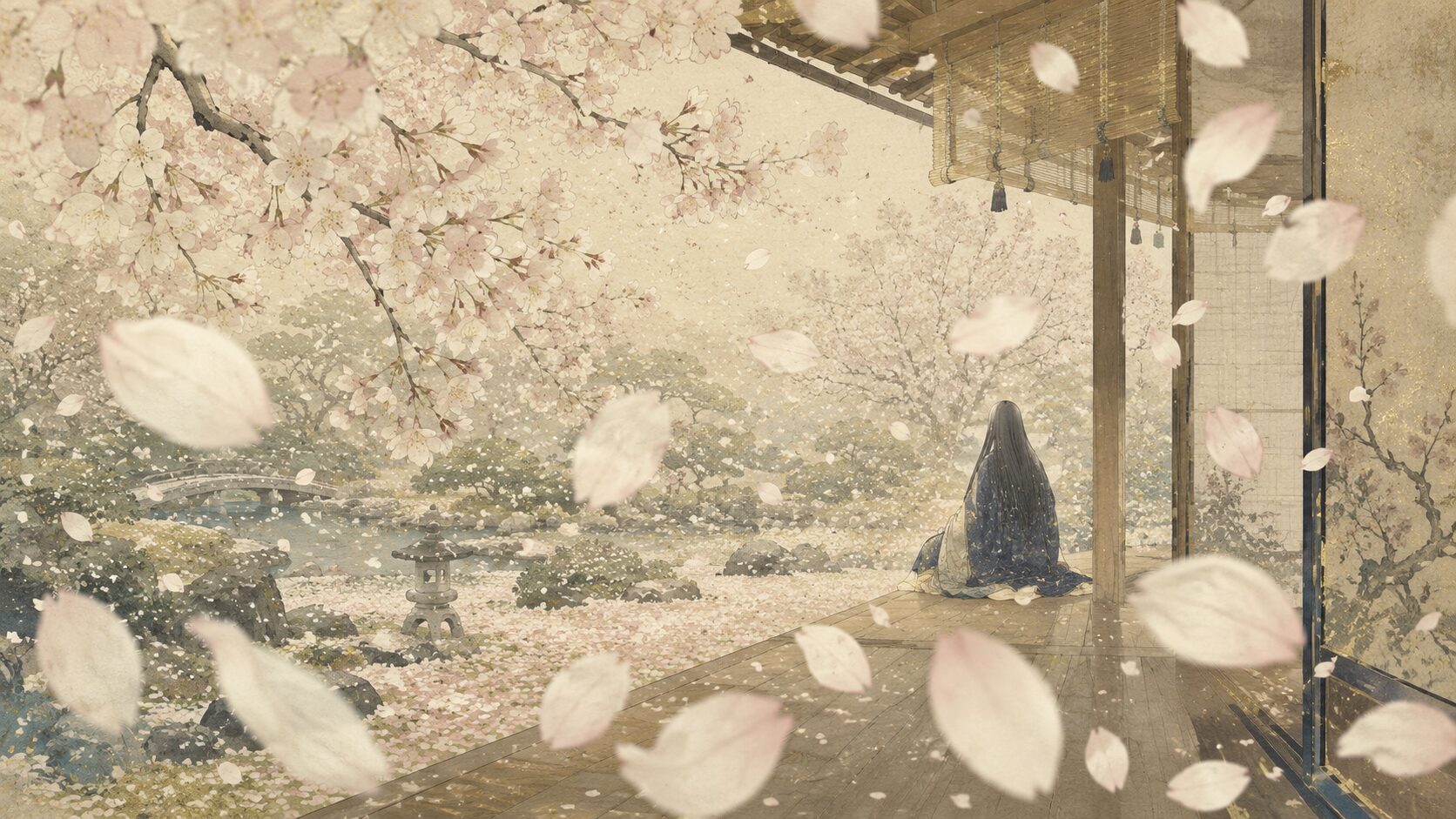 雪のような桜の花吹雪から老いに気づく百人一首96番の和風イラスト