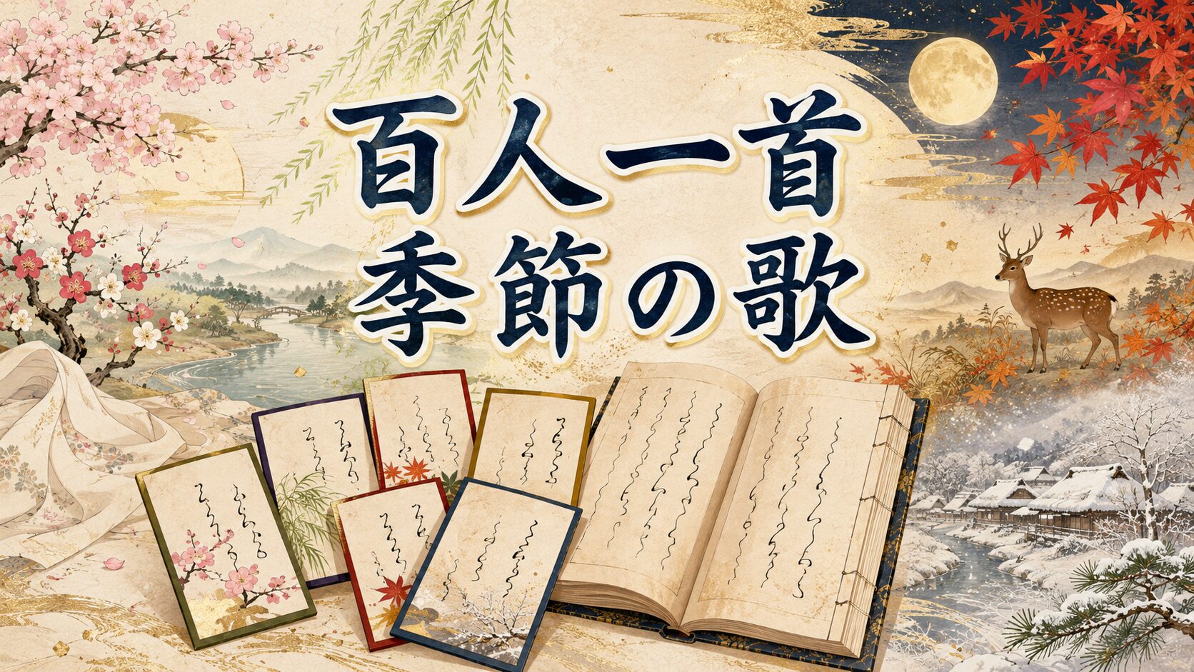百人一首の春夏秋冬の季節の歌を表した和風イラスト