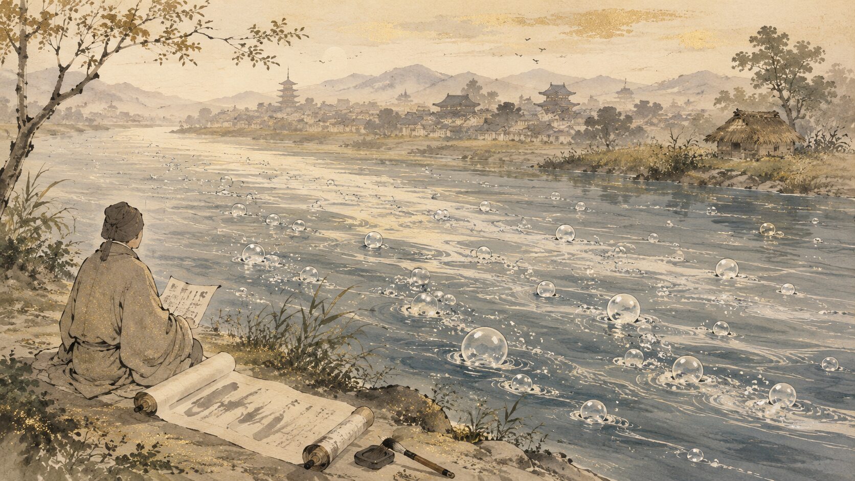 『方丈記』の「ゆく河の流れ」と水の泡の意味を表した和風イラスト