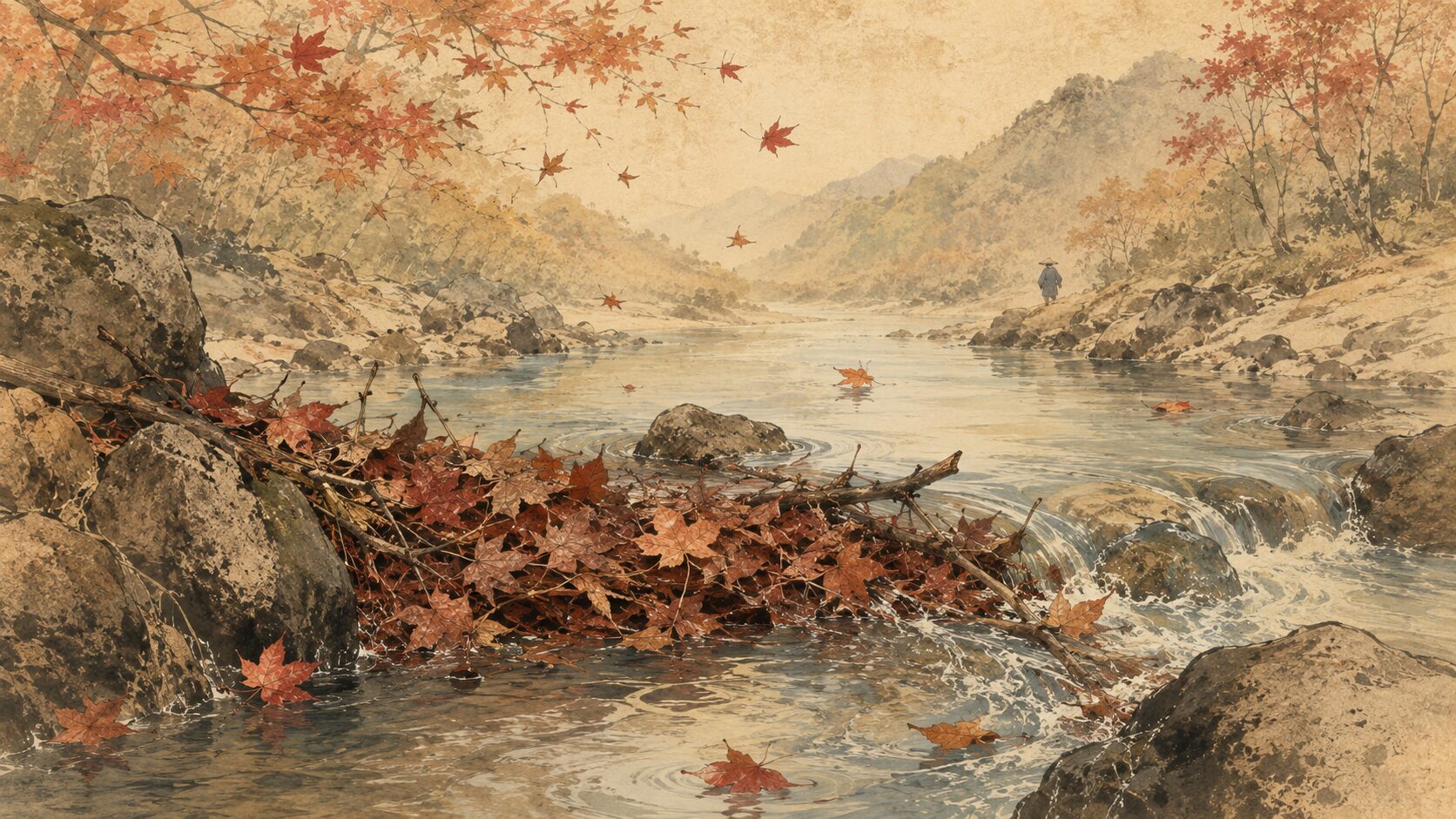 流れきれない紅葉が川のしがらみのように見える百人一首32番の和風イラスト