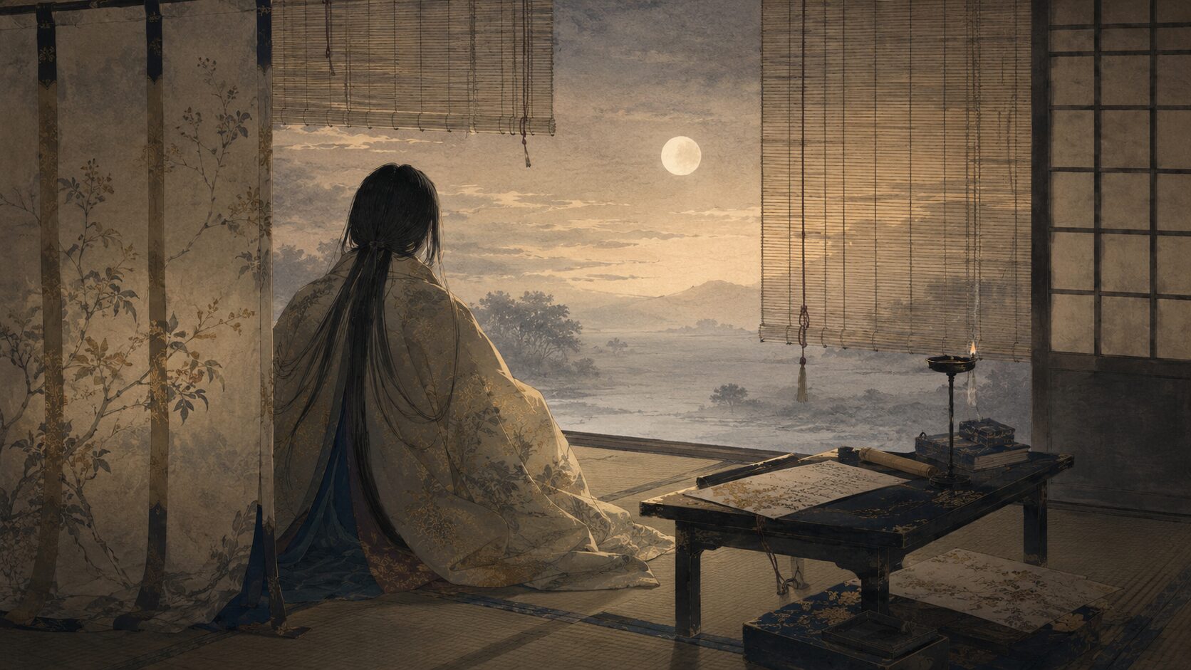有明の月が別れの朝を思い出させる百人一首30番の和風イラスト