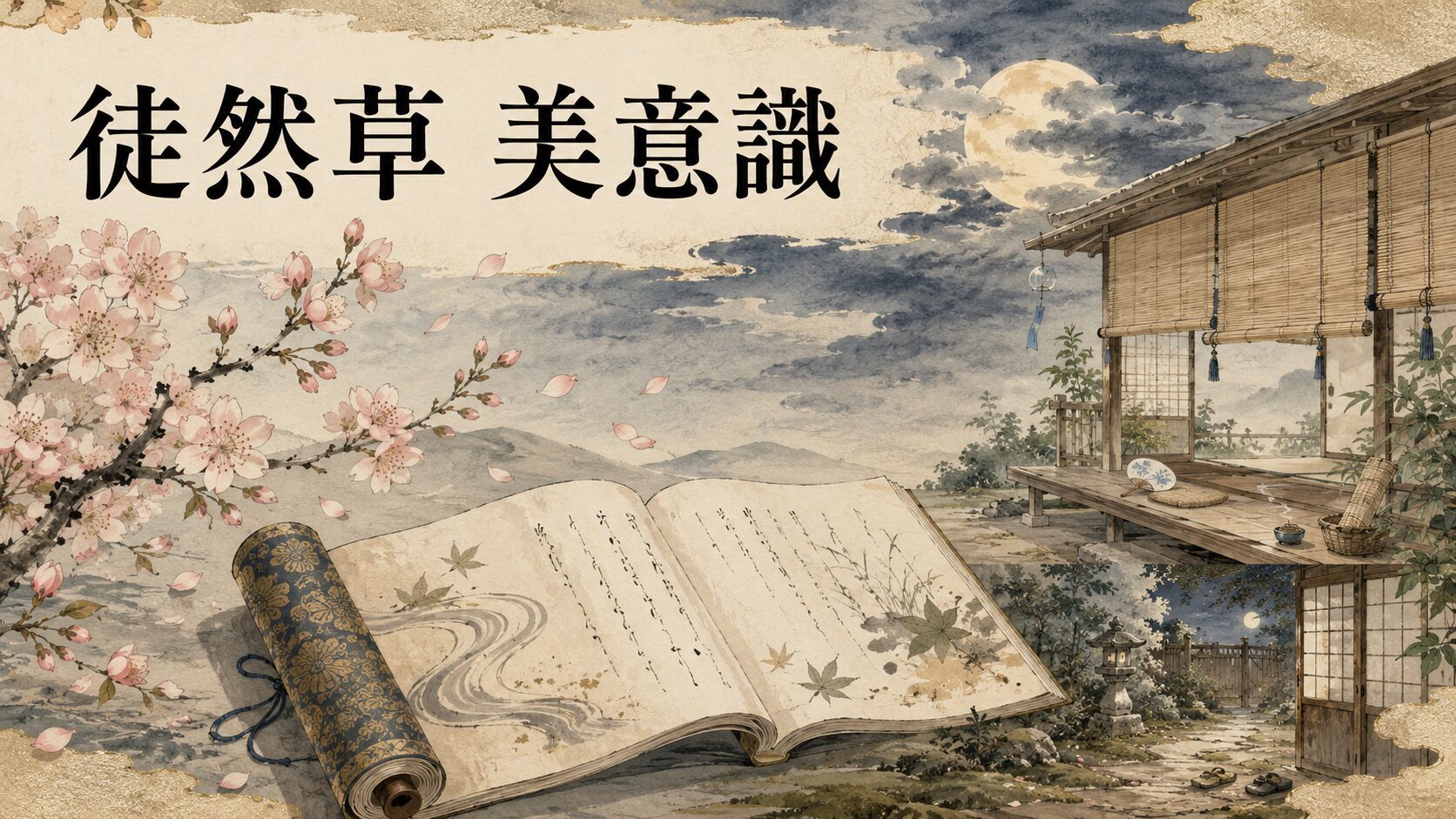 『徒然草』の美意識を桜・月・夏の家・余韻で表した和風イラスト
