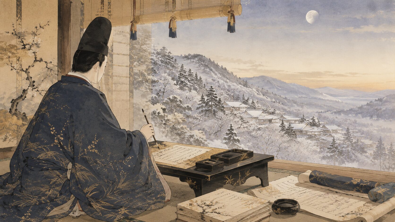 坂上是則が吉野の白雪を月光に見立てる百人一首31番の背景イラスト