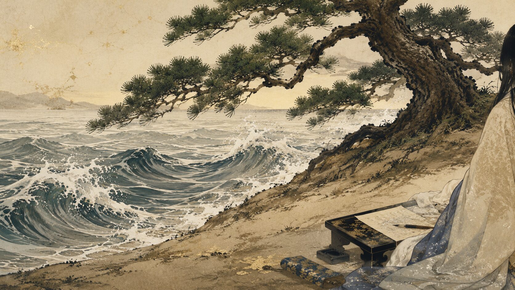 末の松山を越えない波に変わらぬ誓いを重ねた百人一首42番の和風イラスト