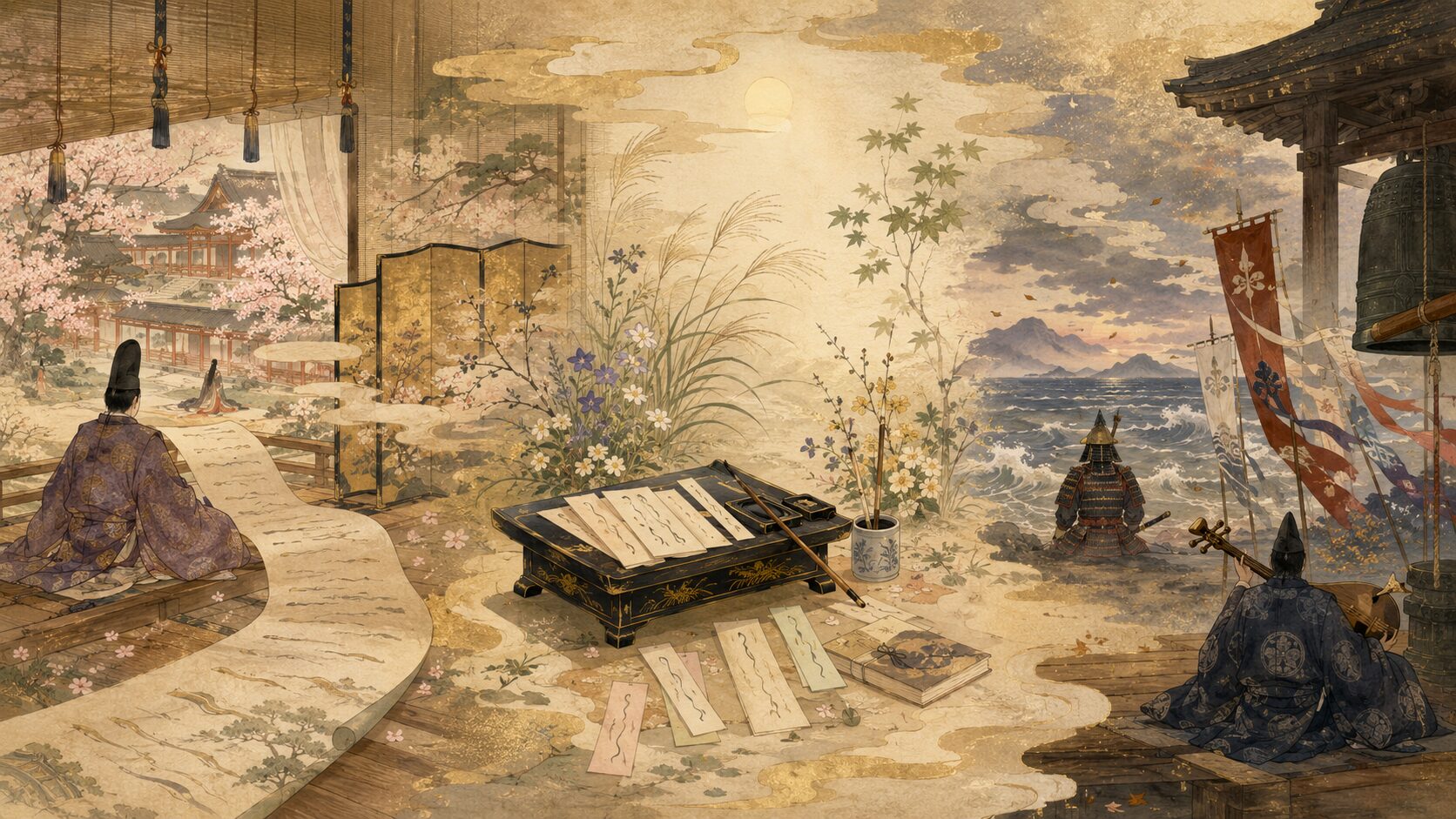 物語文学・随筆文学・軍記物語の違いを三つの古典作品で表した和風イラスト
