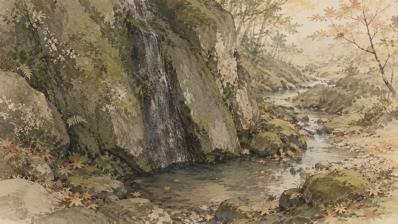 滝の音は絶えても名声だけが流れ続ける大覚寺の滝跡を描いた和風イラスト