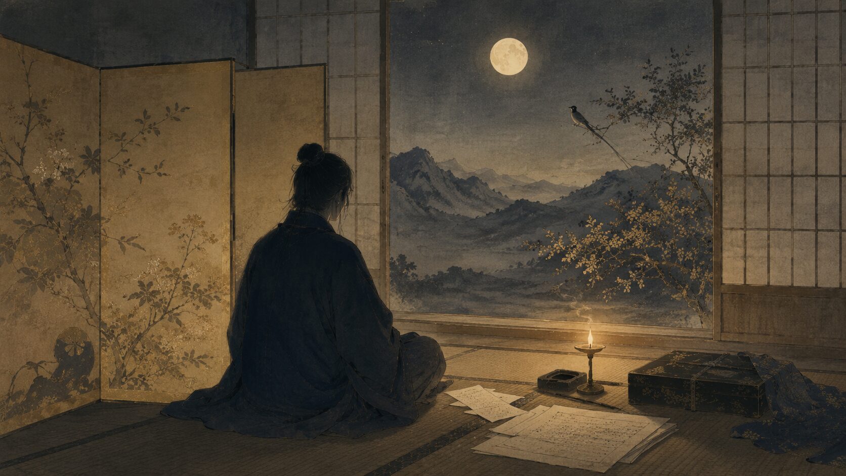 山鳥の尾にたとえた長い夜とひとり寝の寂しさを描いた和風イラスト