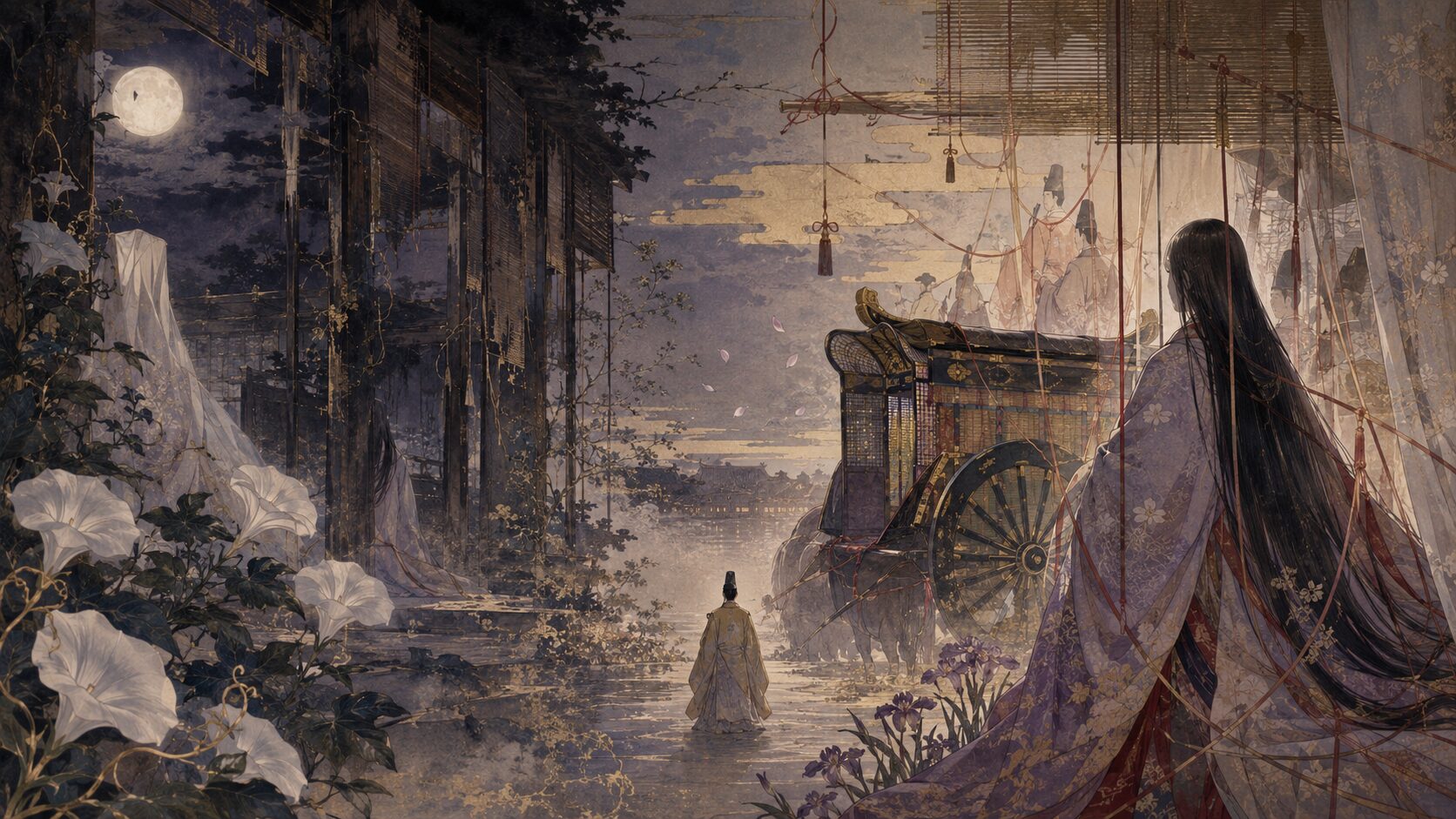 『夕顔』と『葵』に描かれる恋の危うさと物の怪の気配を表した和風イラスト