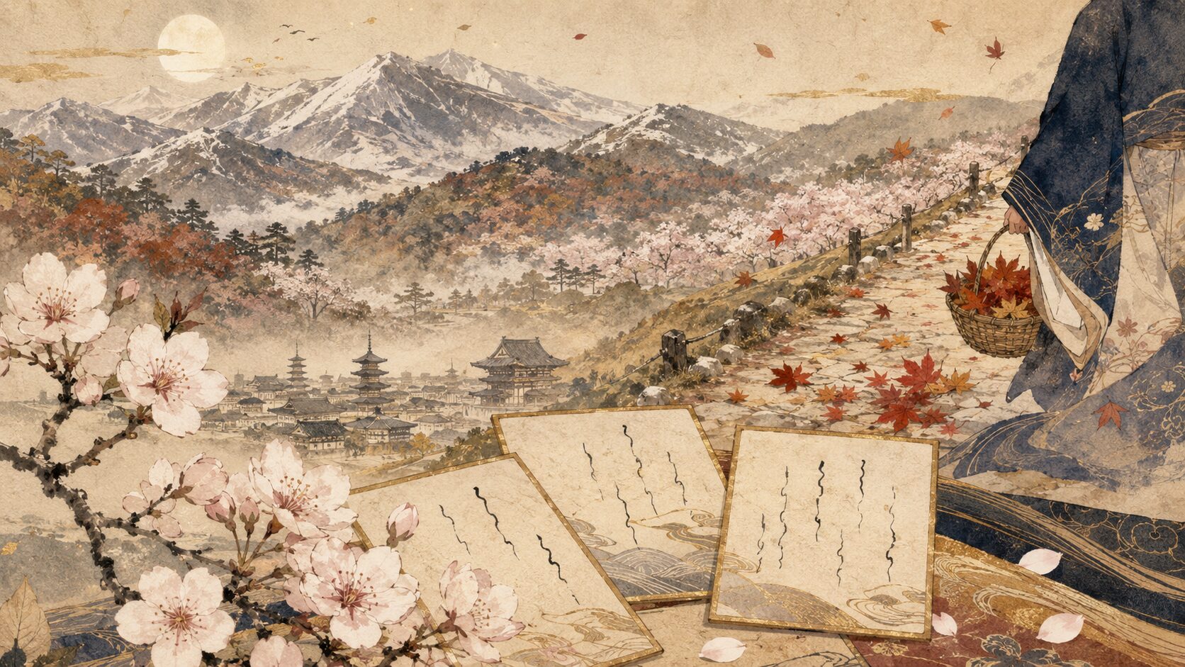 奈良の吉野や手向山を百人一首の雪や紅葉の情景で描いた和風イラスト