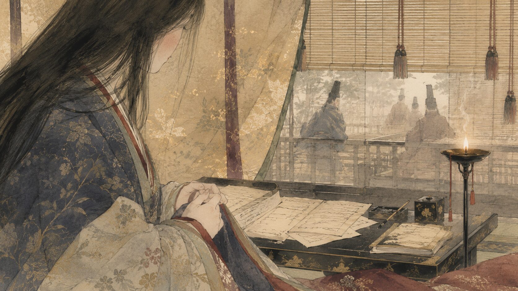 隠していた恋心が顔色に出て人に問われる百人一首40番の和風イラスト