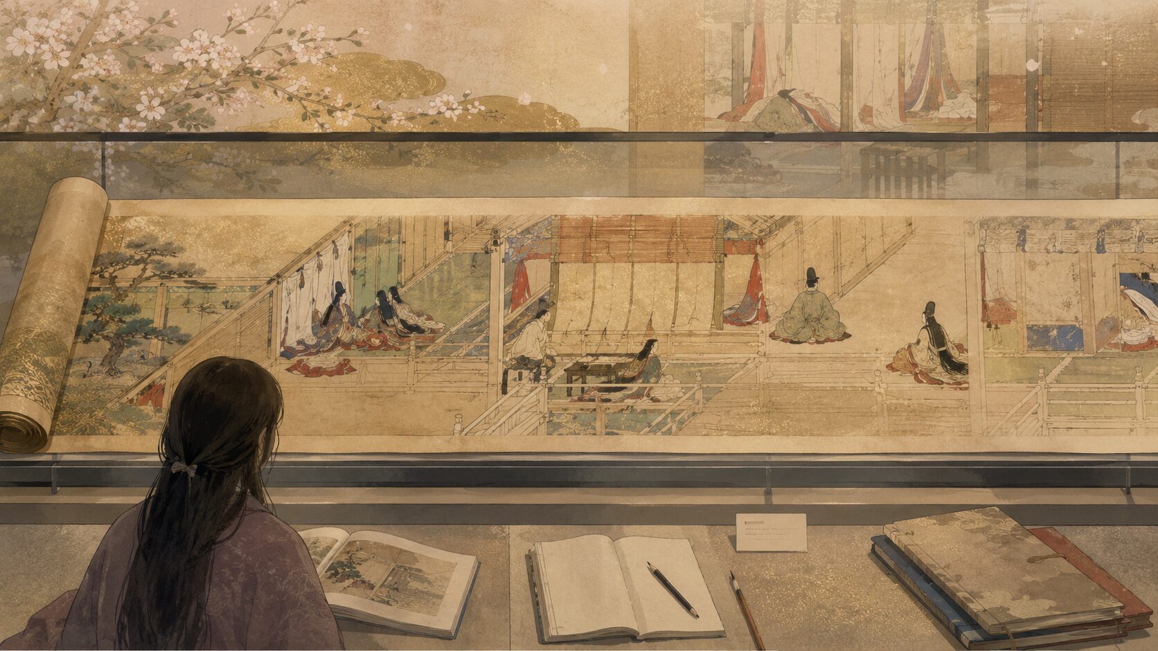 展示された絵巻を見ながら『源氏物語絵巻』の構図と余白を鑑賞する和風イラスト