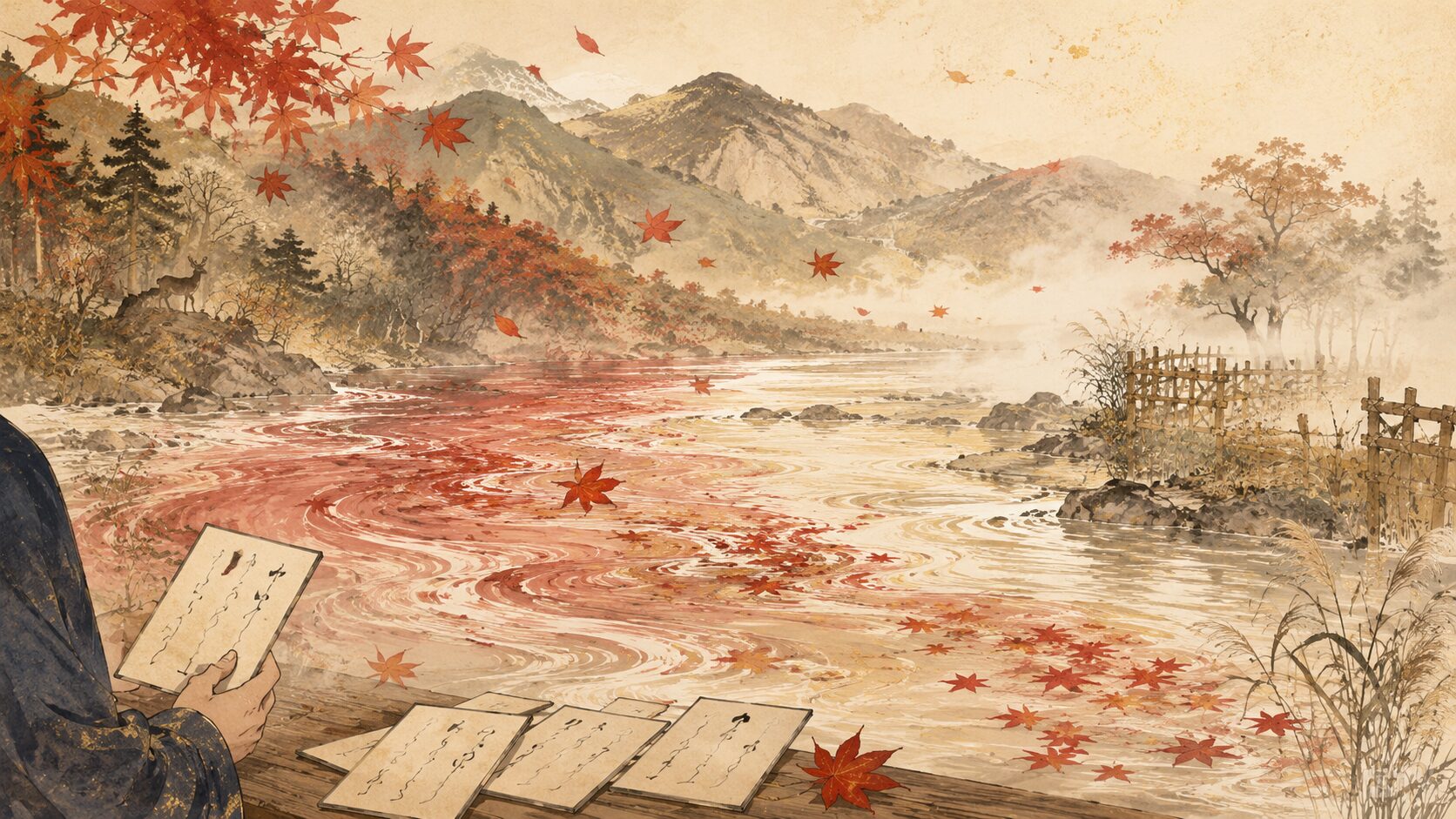 百人一首の山と川ともみじの歌を動きのある自然として描いた和風イラスト