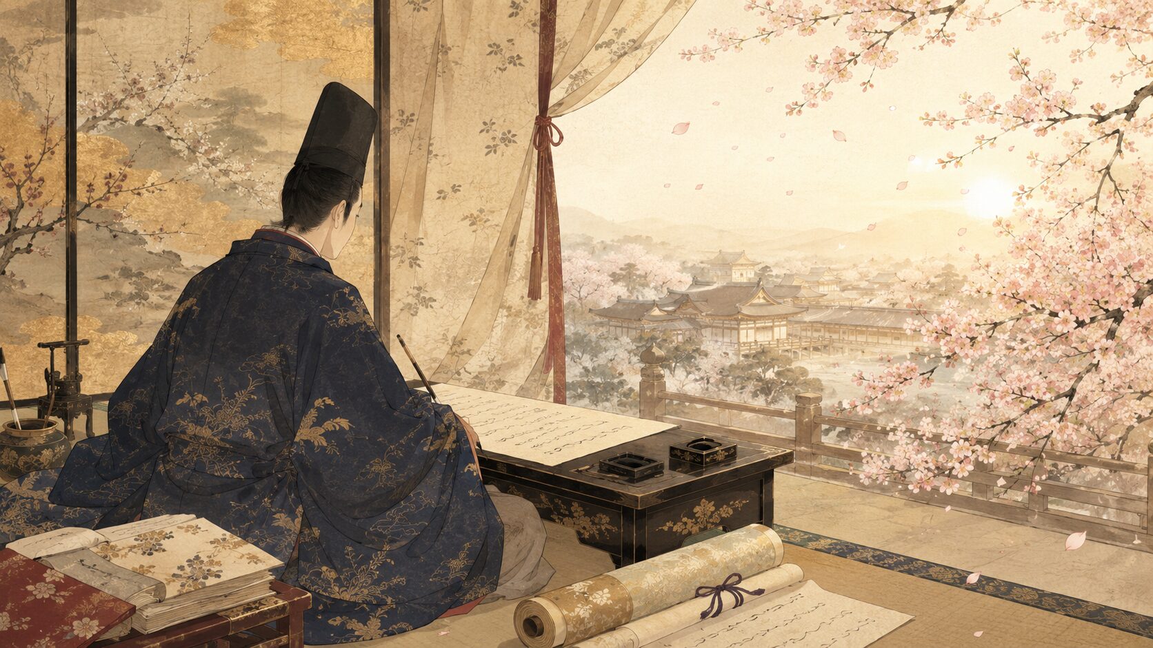 紀友則が春の日ざしと散る桜を和歌に詠む百人一首33番の背景イラスト