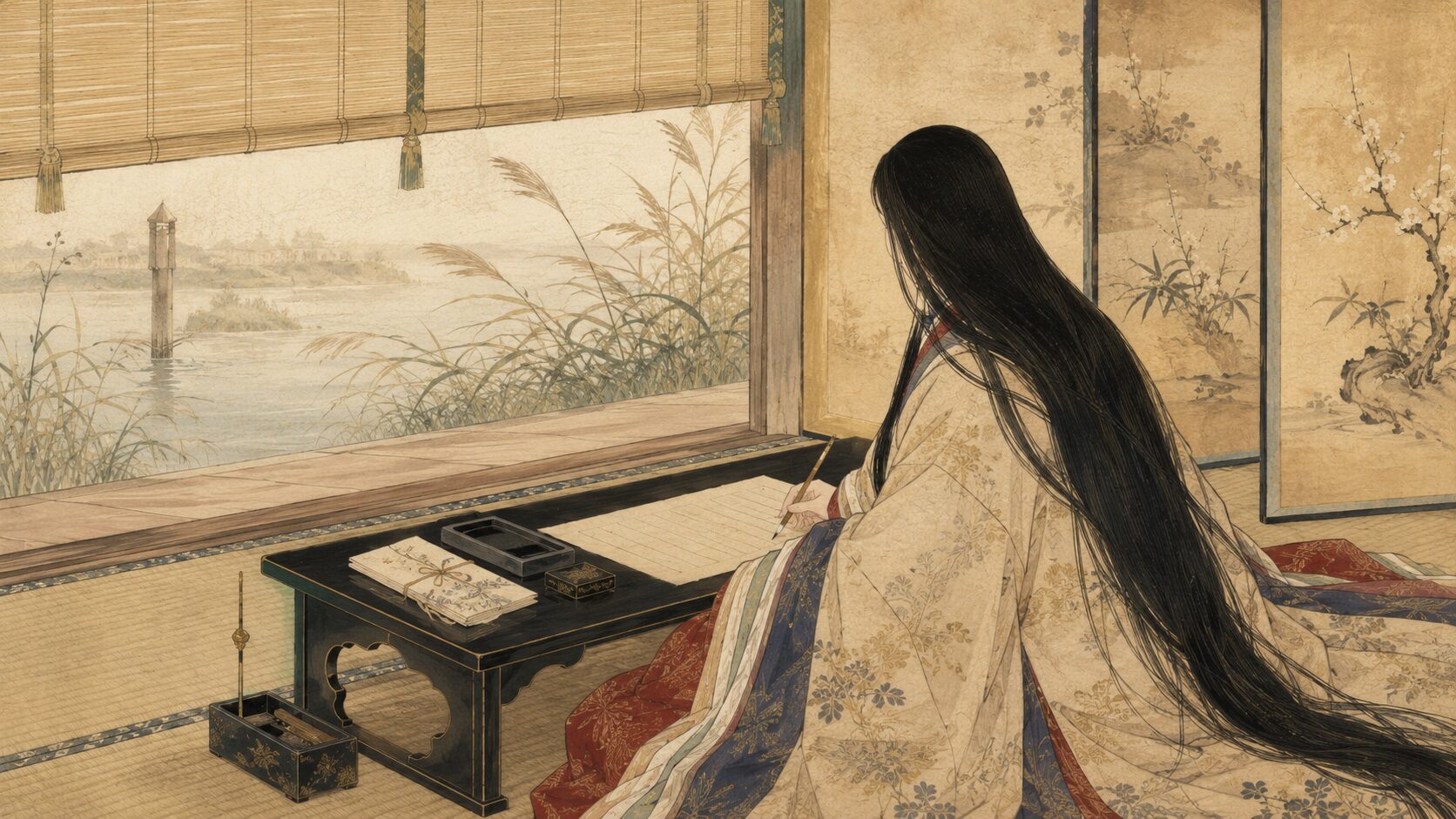 皇嘉門院別当が難波江の恋を和歌に託す平安女房のイラスト