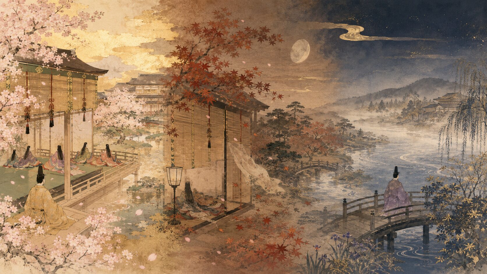 『源氏物語』の第一部・第二部・第三部の流れを表した絵巻風イラスト