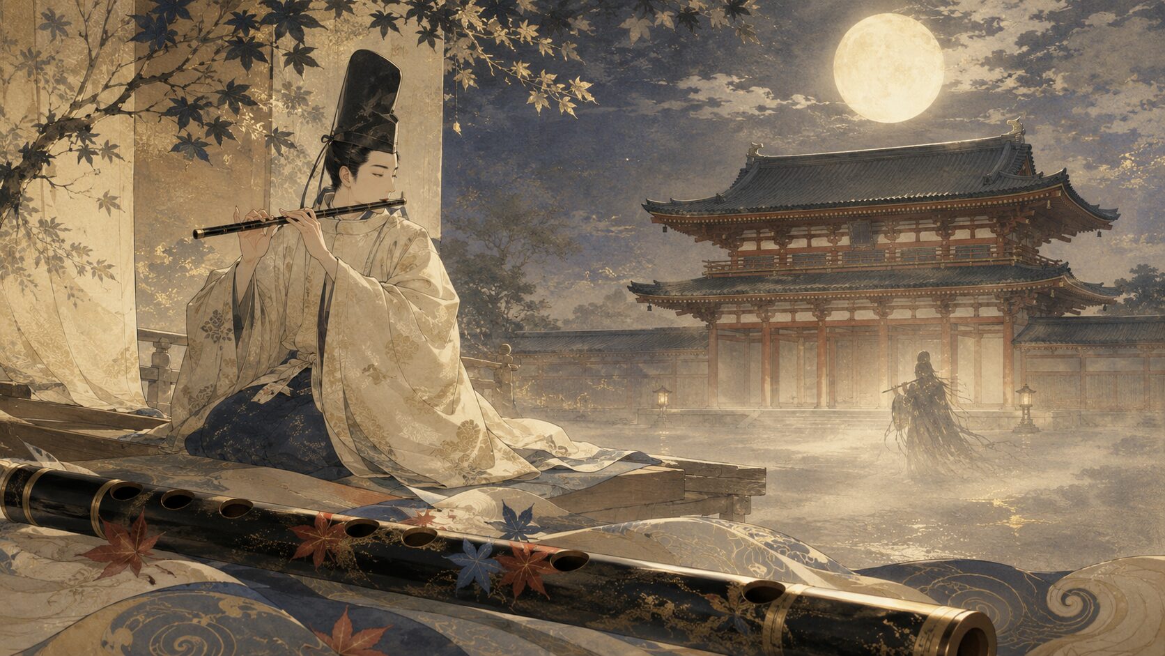 源博雅が月夜の朱雀門で笛を吹く『十訓抄』葉二つの場面の和風イラスト