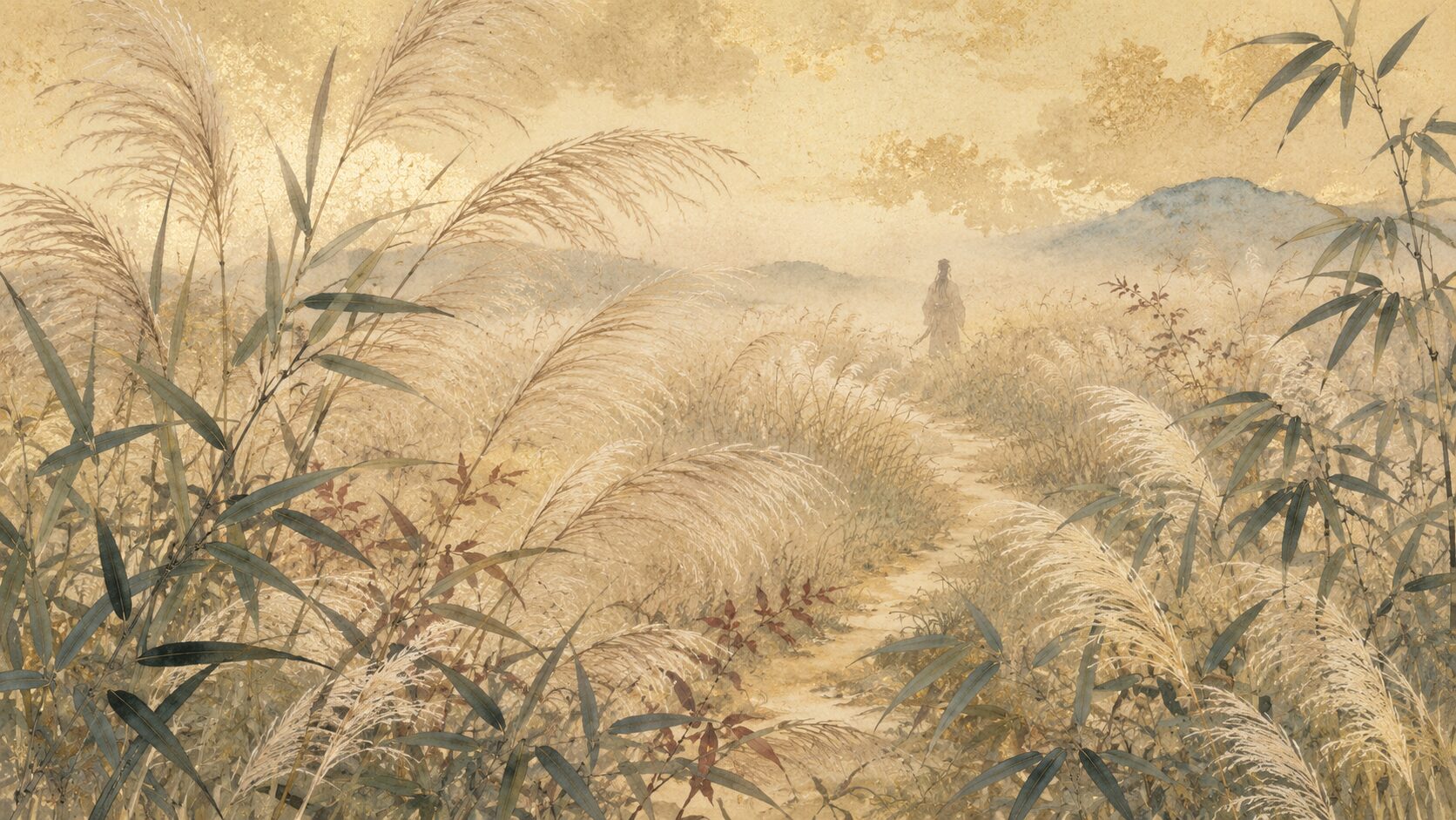 浅茅と篠原の景色が忍ぶ恋へつながる百人一首39番の和風イラスト