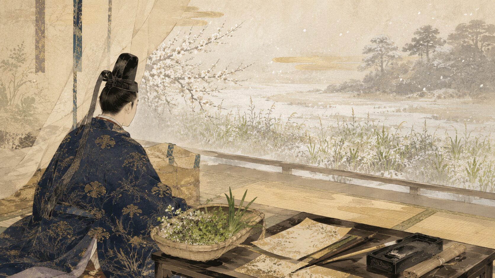 光孝天皇の親王時代と若菜を贈る歌の背景を描いた和風イラスト