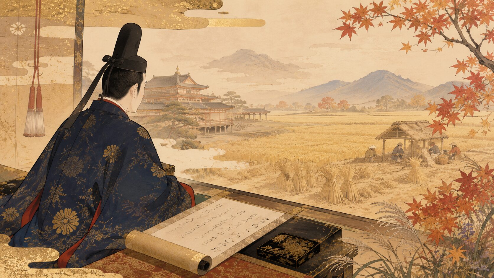 天智天皇と秋の田を重ねて百人一首1番の背景を表した和風イラスト