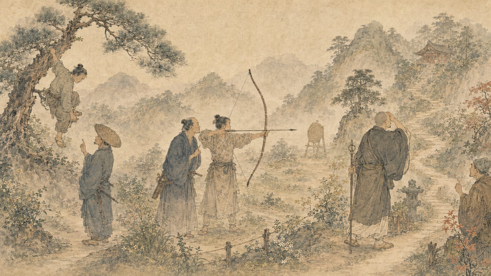 『徒然草』の高名の木登り・弓を習う人・仁和寺にある法師の教訓を絵巻風に描いた和風イラスト