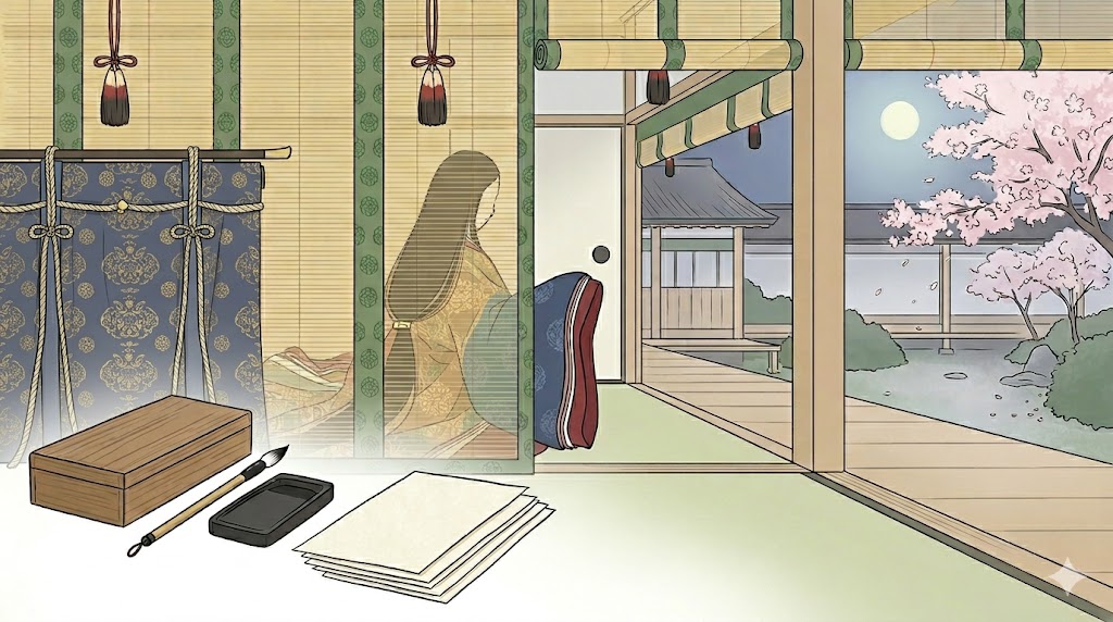 周防内侍が宮廷で機知ある和歌を詠む女房歌人としての背景イラスト