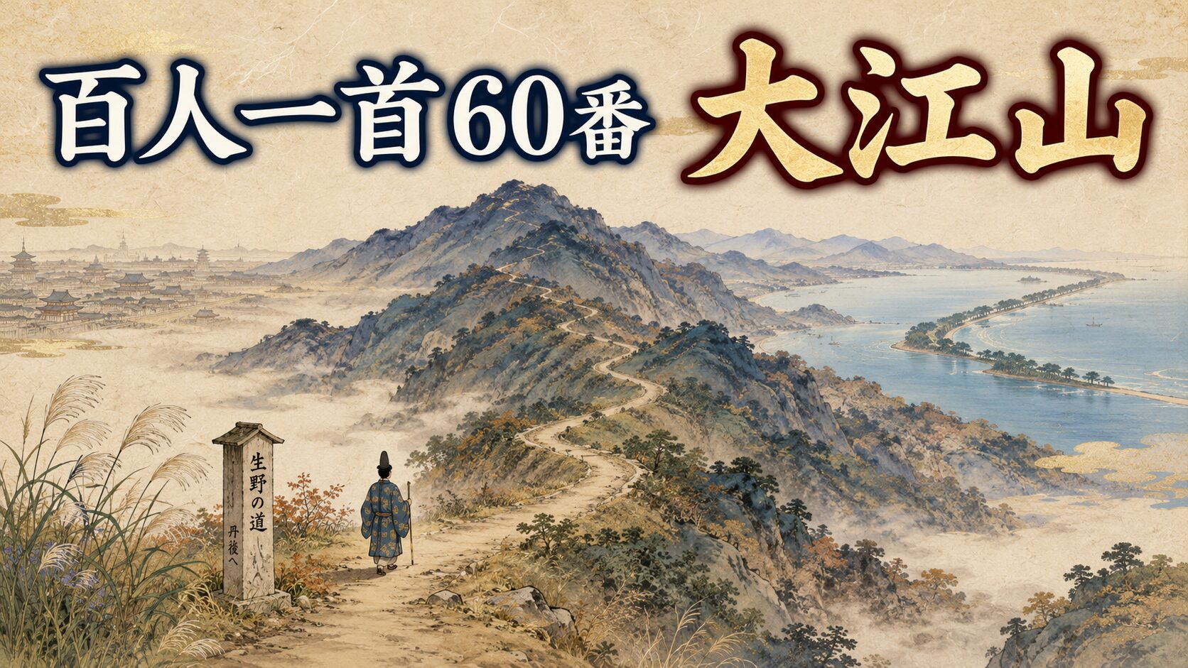 百人一首60番「大江山」を象徴する大江山から天橋立へ続く遠い道の和風イラスト