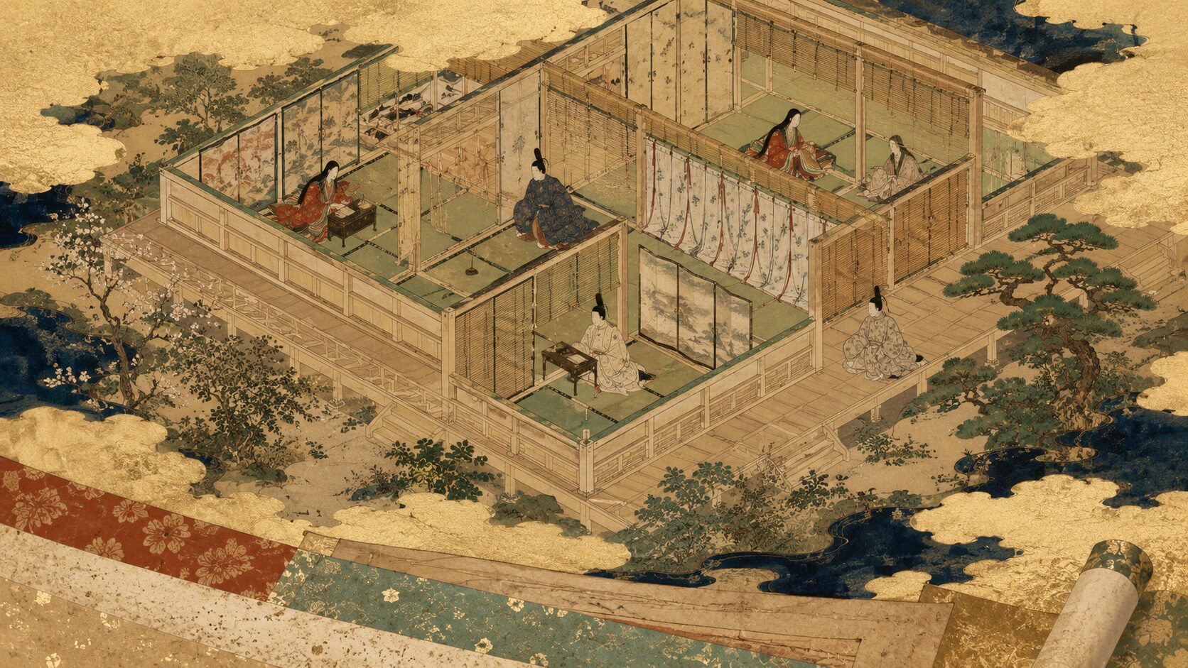 引目鉤鼻と吹抜屋台で『源氏物語絵巻』の特徴を表した和風イラスト