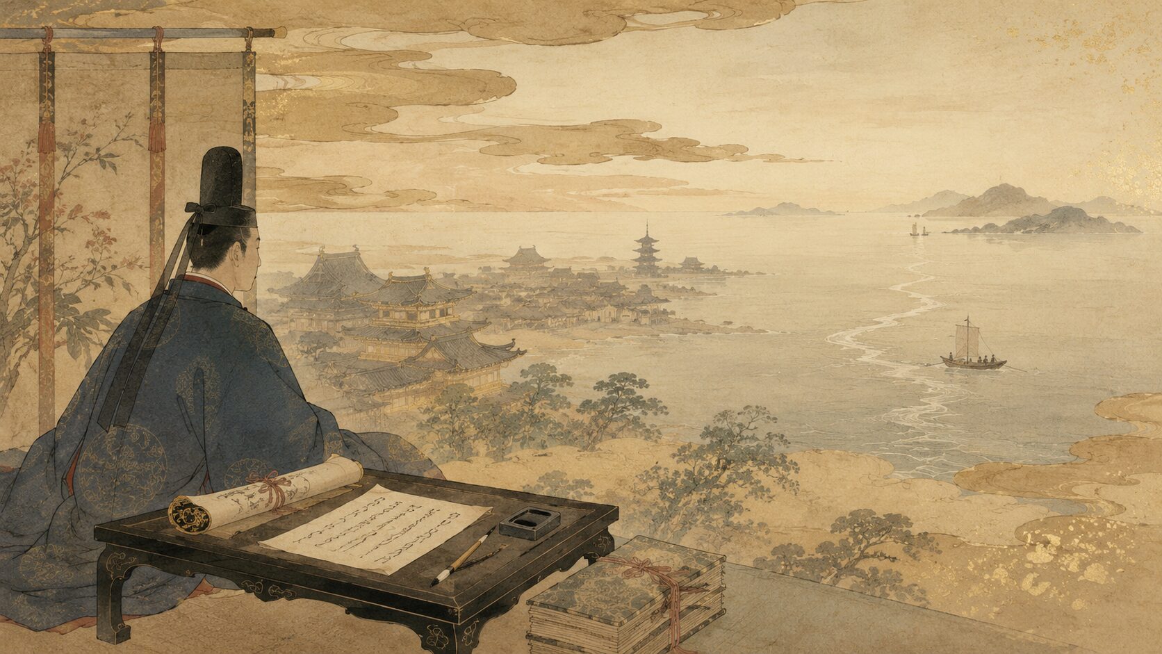 小野篁が都から隠岐へ流される背景を描いた百人一首11番の和風イラスト