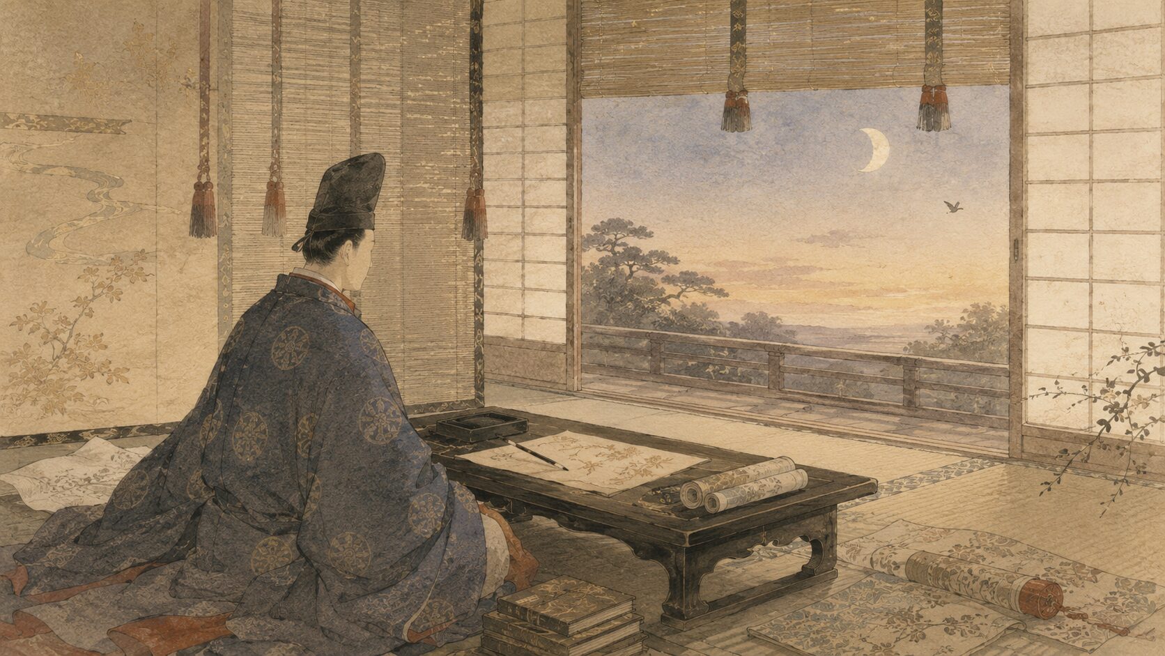 後徳大寺左大臣が有明の月を思い和歌に向き合う平安歌人のイラスト