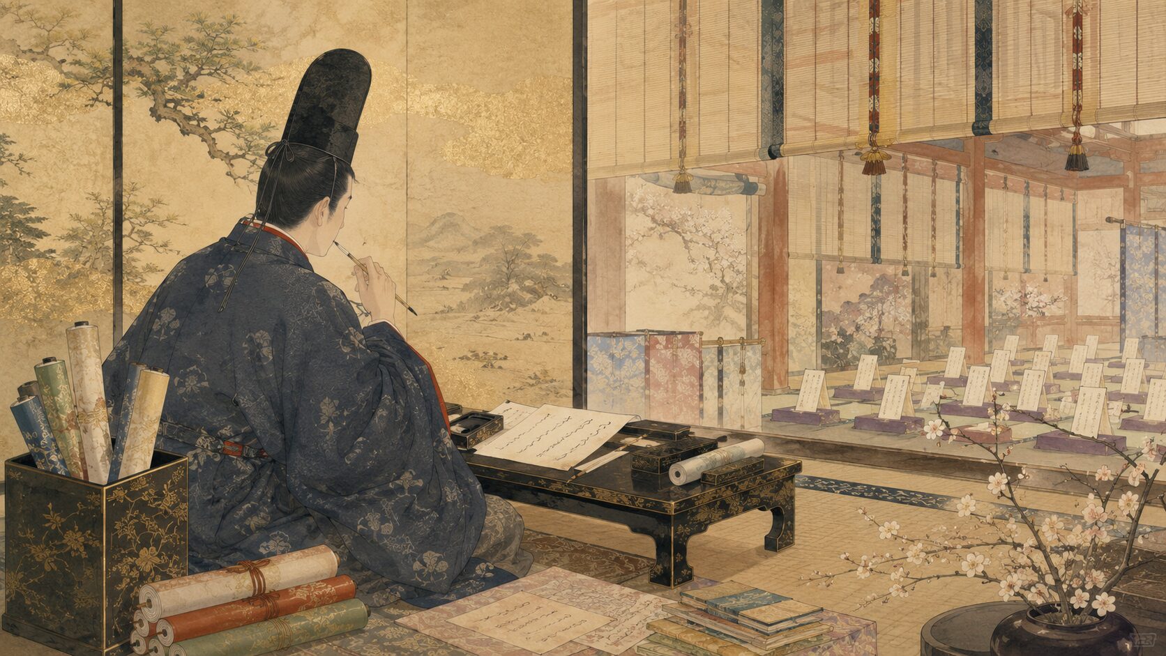 藤原朝忠が天徳内裏歌合で恋の反実仮想を詠む百人一首44番の背景イラスト