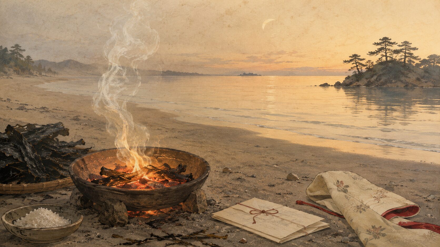 松帆の浦の夕なぎに藻塩を焼き恋に焦がれる百人一首97番の和風イラスト