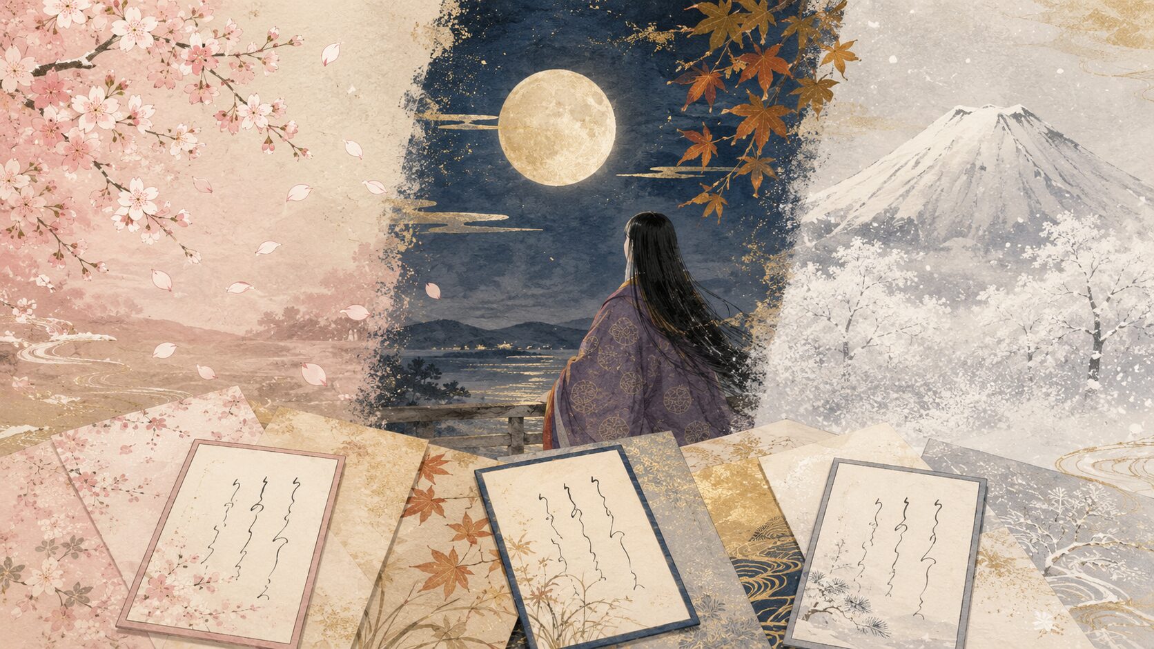 百人一首の花と月と雪の歌に込められた美しさと無常を描いた和風イラスト