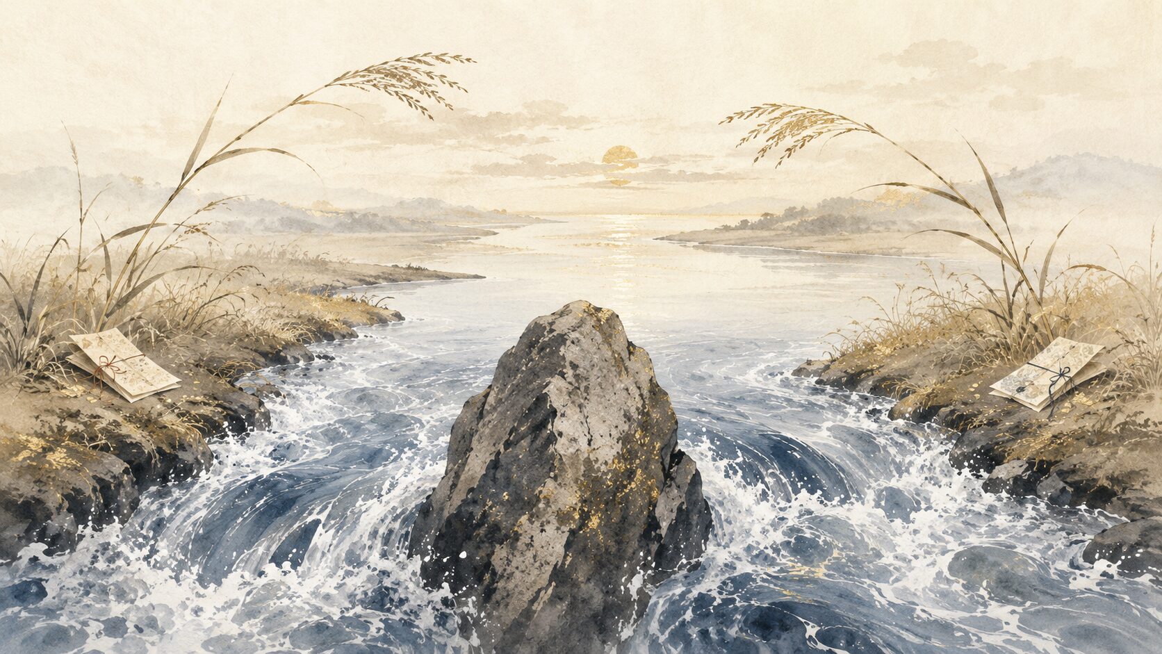 分かれた急流が末に合流する百人一首77番の恋の情景イラスト