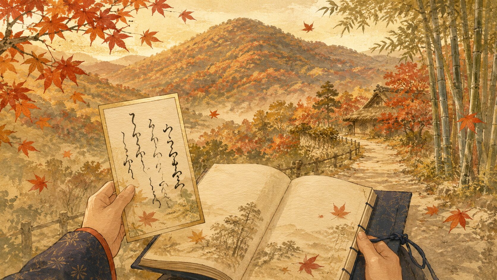 京都の小倉山と紅葉に百人一首の歌を重ねた和風イラスト