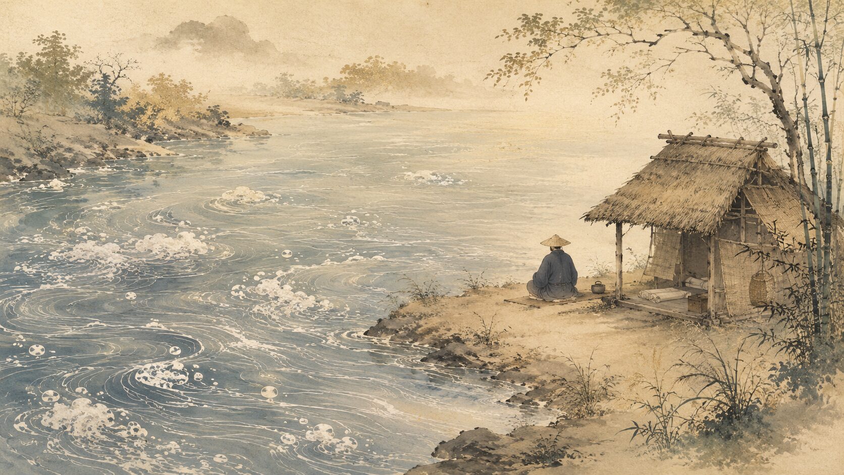 川の流れと水の泡、草庵で『方丈記』の無常観を表した和風イラスト