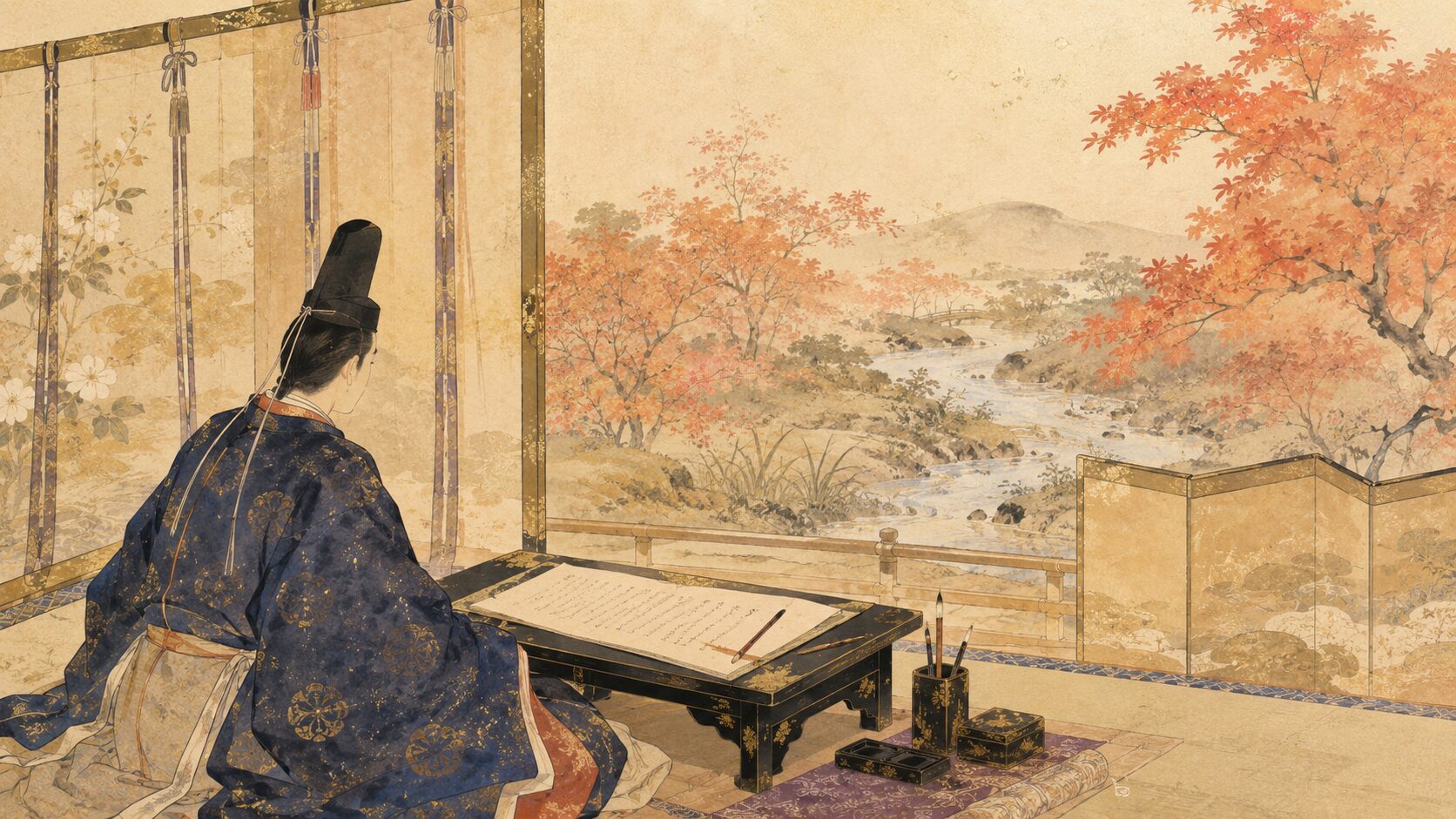 在原業平と平安和歌の世界を描いた百人一首17番の背景イラスト