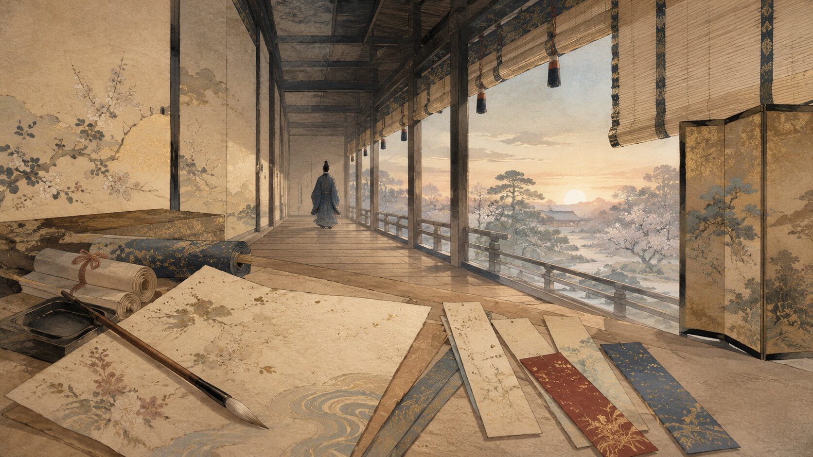 藤原道信の宮廷歌人としての背景と後朝の別れを描いた和風イラスト