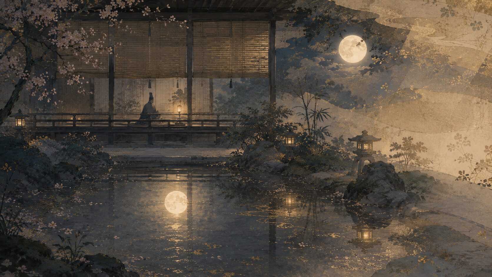 夜半の月を未来に恋しく思う百人一首68番の情景イラスト